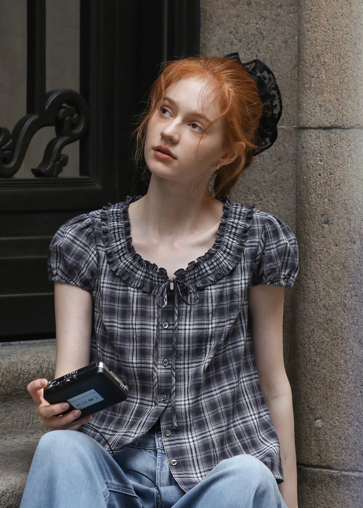 Vienna Plaid Ruffle Blouse | Vintage Puff Sleeve Check Top