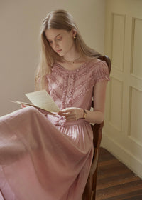 Soft Gathered Front Ruffle Pink A-Line Long Dress