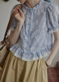 Lilac Garden Blouse | Embroidered Puff Sleeve Ruffle Top