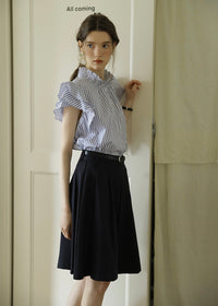 Celeste Stripe Frill Blouse | Blue Ruffle Neck Sleeveless Summer Top