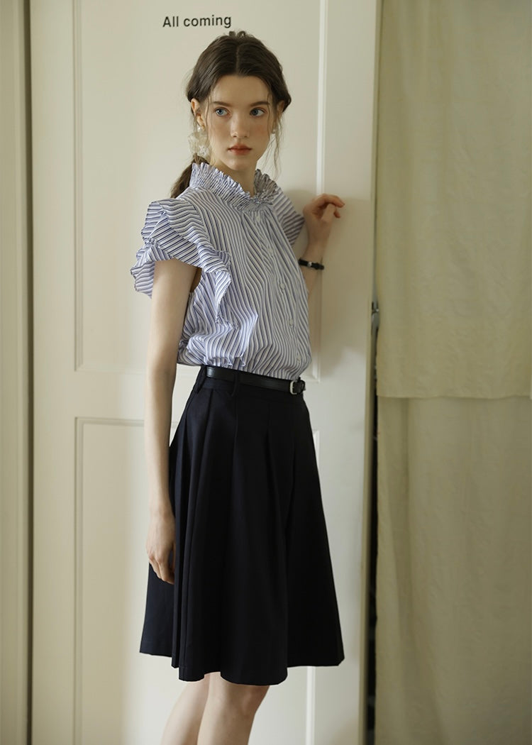 Celeste Stripe Frill Blouse | Blue Ruffle Neck Sleeveless Summer Top
