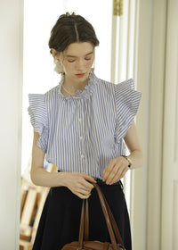 Celeste Stripe Frill Blouse | Blue Ruffle Neck Sleeveless Summer Top