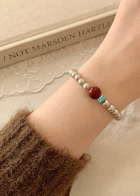 Vintage Pearl Beaded Bracelet with Red Accent