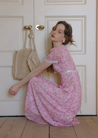 Strawberry Picnic Pink Gingham Floral Lace Dress