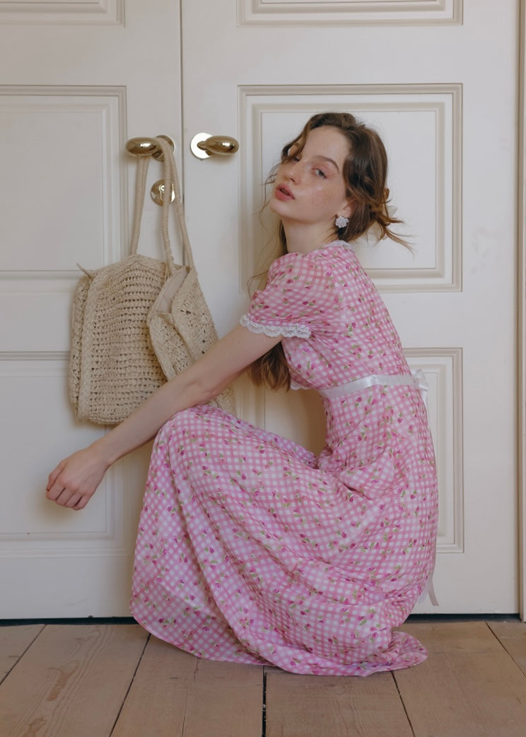 Strawberry Picnic Pink Gingham Floral Lace Dress