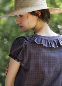 Plum Check Short Sleeve Ruffle Shirring Blouse