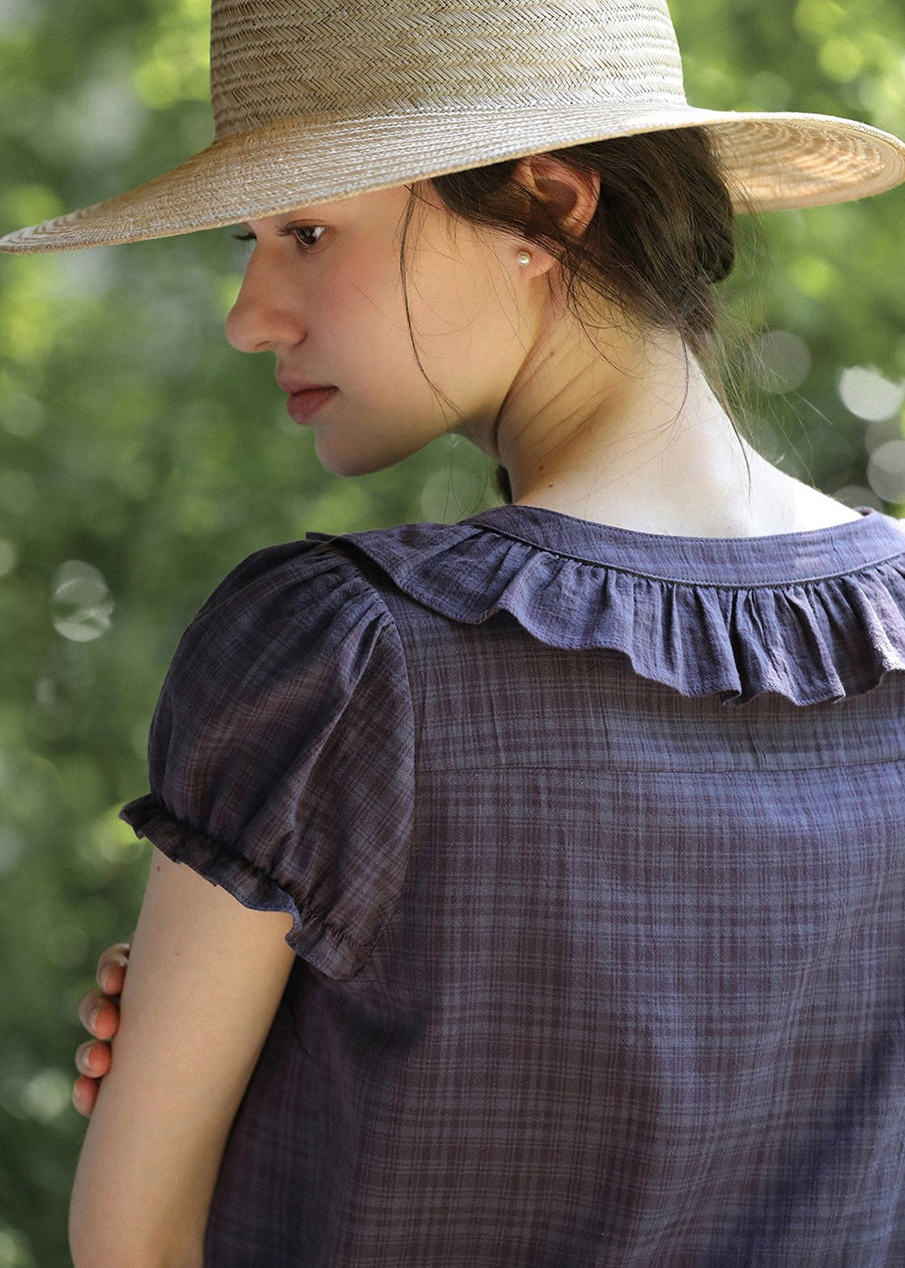 Plum Check Short Sleeve Ruffle Shirring Blouse
