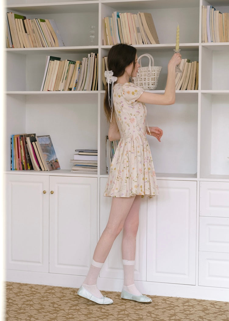 Blossom Ribbon Floral Puff Sleeve Mini Dress