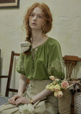 Willow Garden Embroidered Blouse | Romantic Green Cotton Shirt