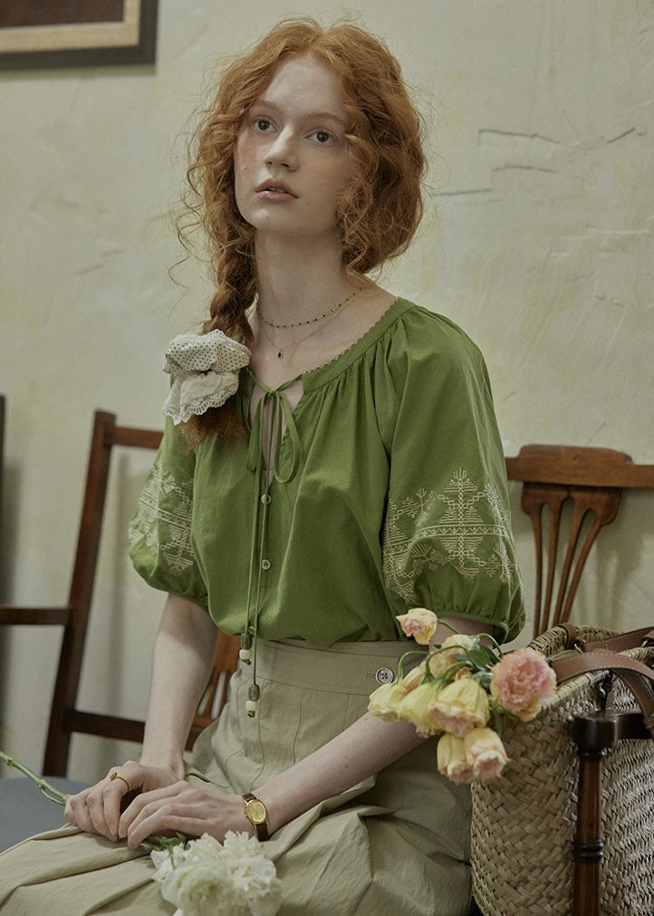 Willow Garden Embroidered Blouse | Romantic Green Cotton Shirt