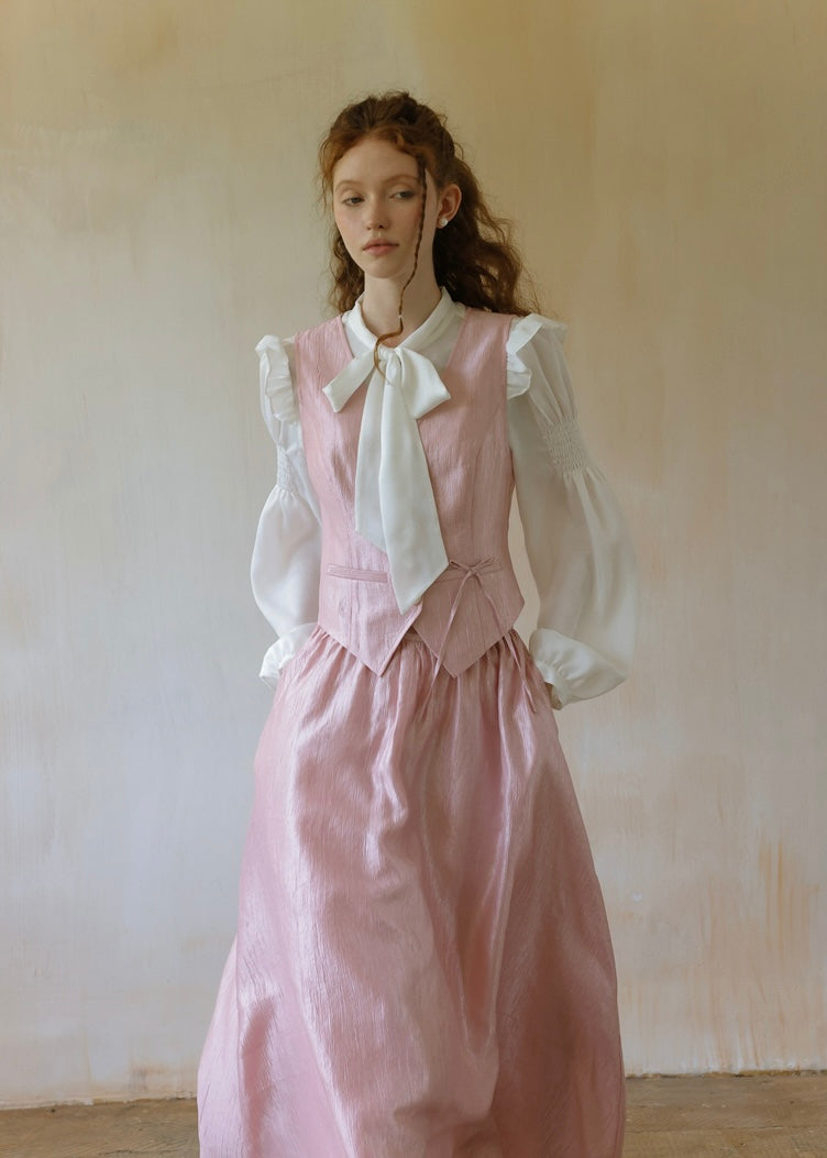 Romantic Vintage Bow Tie White Puff Sleeve Blouse