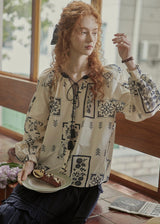 Meadow Folk Tie Blouse | Vintage Navy Print Peasant Top