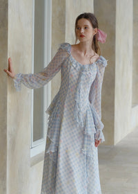 Pastel Ribbon Days Dress | Vintage Gingham Ruffle Long Dress