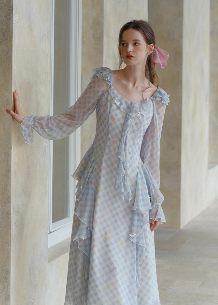 Pastel Ribbon Days Dress | Vintage Gingham Ruffle Long Dress