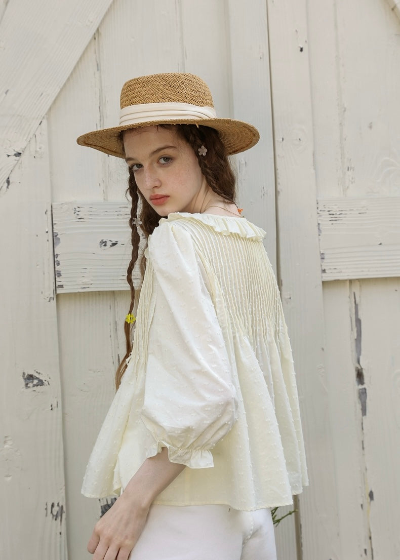 Light Yellow Ribbon Pin-tuck Romantic Vintage Blouse