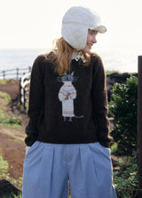 Vintage Cat Jacquard Crew Neck Knit Sweater