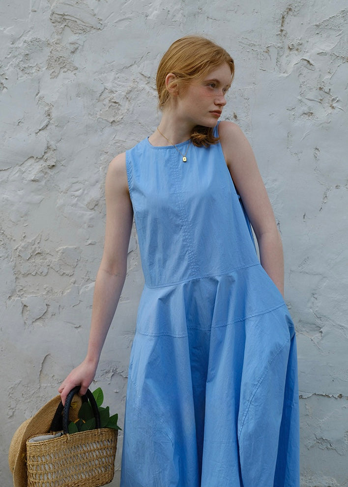 Sky Blue Sleeveless Cotton Summer Loose and Slim Dress