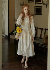 Cream Beige Vintage Ruched Waist Embroidered Dress