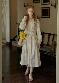 Cream Beige Vintage Ruched Waist Embroidered Dress