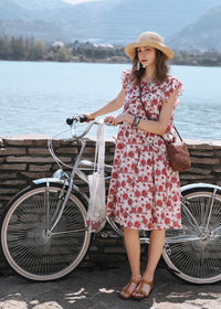 Rosalie Ruffle Floral Dress | Romantic Red Flower Midi Dress for Summer