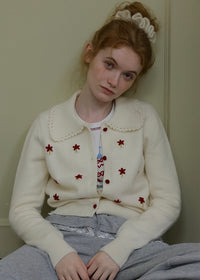Vintage Floral Embroidered Collared Knit Cardigan