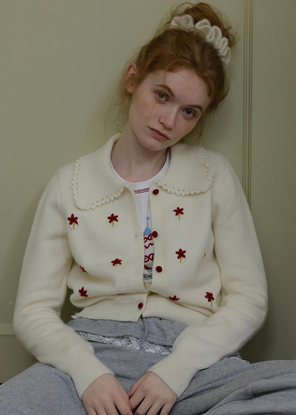 Vintage Floral Embroidered Collared Knit Cardigan