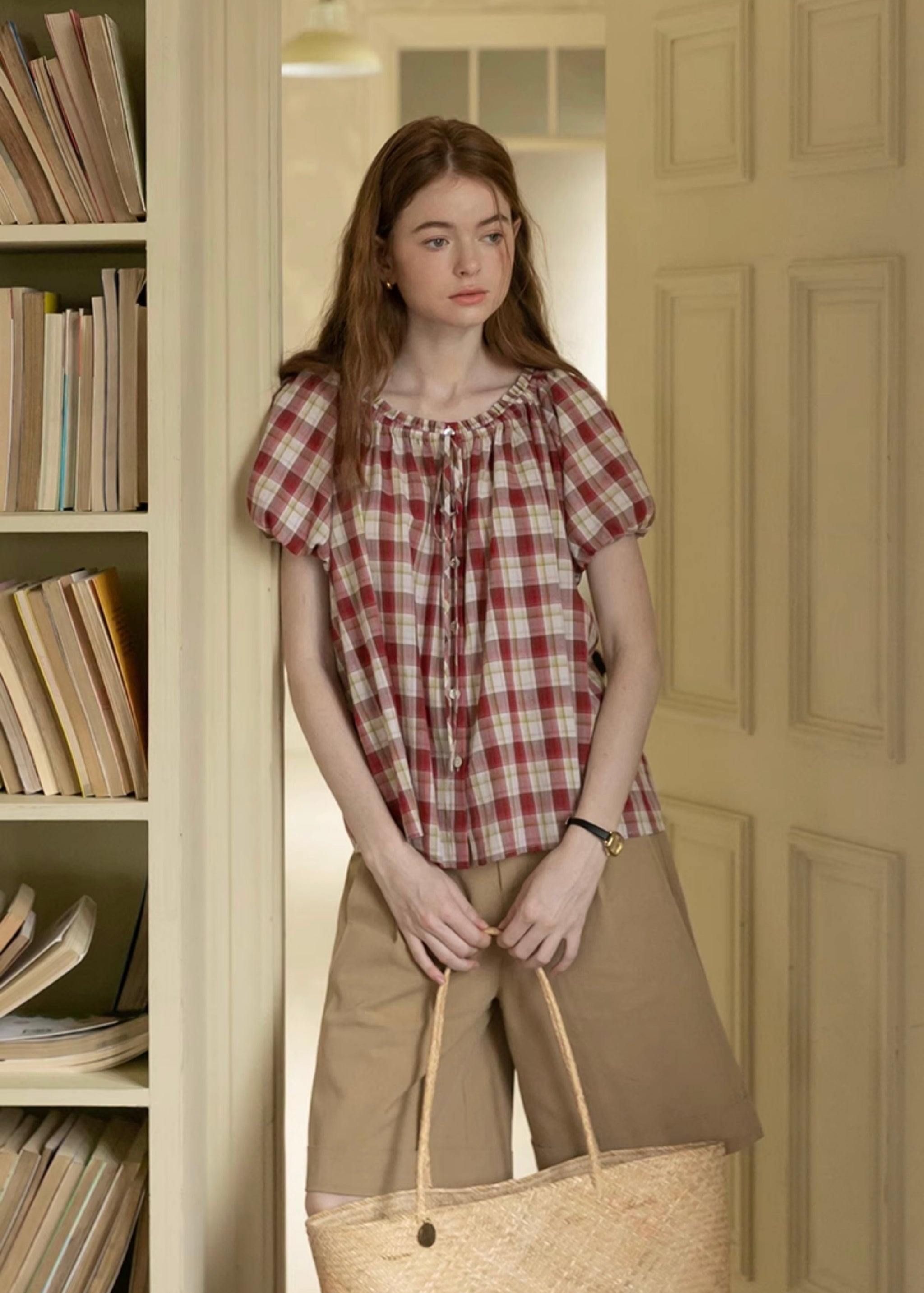 Cherry Plaid Ruffle Blouse | Vintage Red Gingham Short Sleeve Top