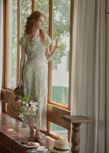 Verde Bloom Long Dress | Vintage Mint Floral Ruched Dress