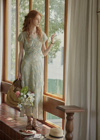 Verde Bloom Long Dress | Vintage Mint Floral Ruched Dress