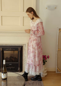 Rose Mist Lace Collar Romantic Vintage Long Dress