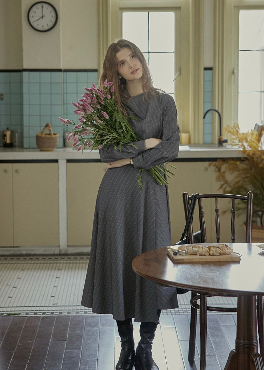 Falling Lines Draped Collar Dress