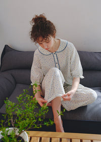Blue Calm Cotton Pajama Set Floral Piping Collar Loose Lounge Set