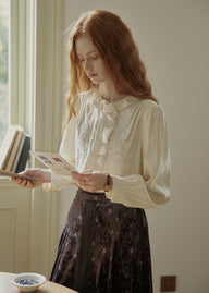 Romantic Cream Lace Embroidered Ruffle Collar Vintage Blouse