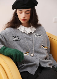 Little Friends Embroidery Knit Wool Cardigan(2COLOR)