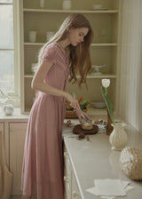 Soft Gathered Front Ruffle Pink A-Line Long Dress