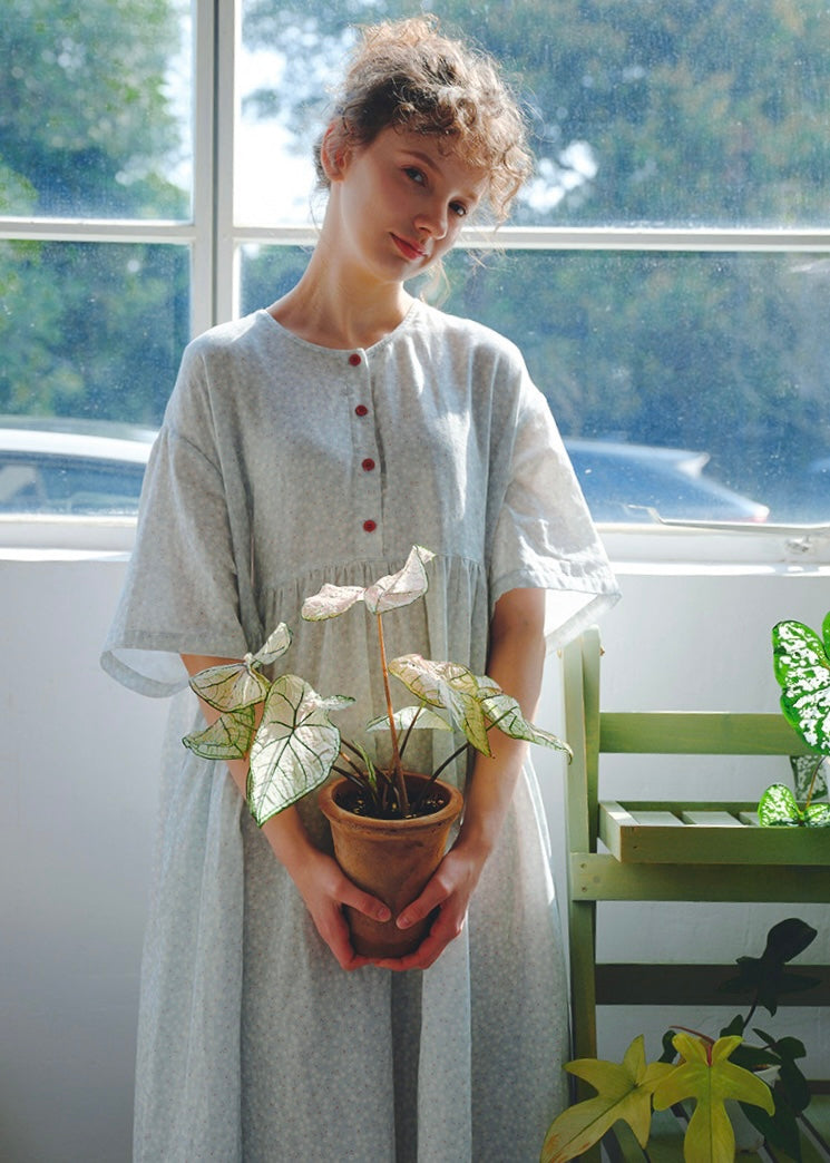 Blue Haze Cotton Gauze Dress Soft Dot A-Line Lounge Nightdress