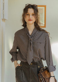 Vintage Plaid Scarf Tie V-Neck Blouse