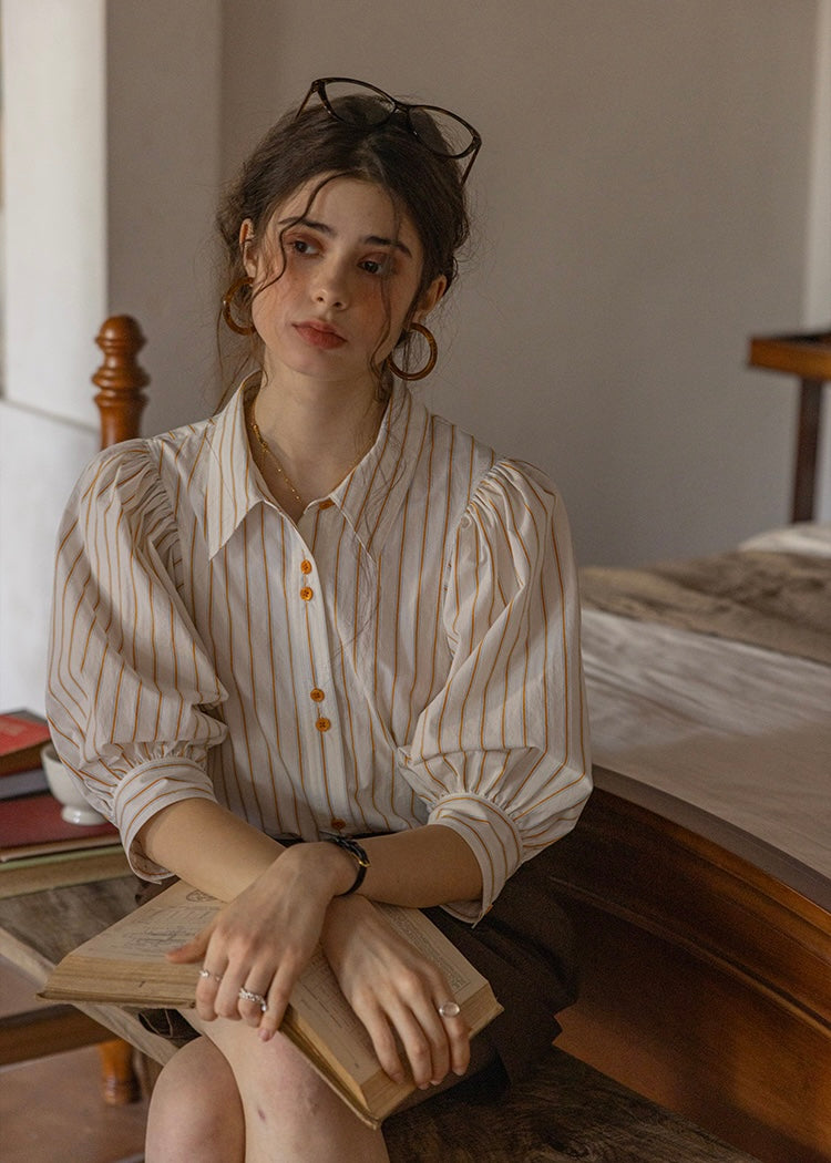 Maison Puff Stripe Shirt | Romantic Cotton Volume Blouse with Vintage Collar(2COLOR)