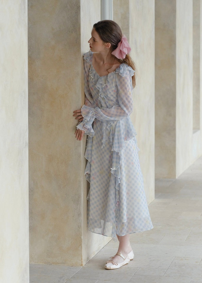 Pastel Ribbon Days Dress | Vintage Gingham Ruffle Long Dress
