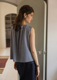 Blue Gingham Ribbon Tie Sleeveless A-Line Top