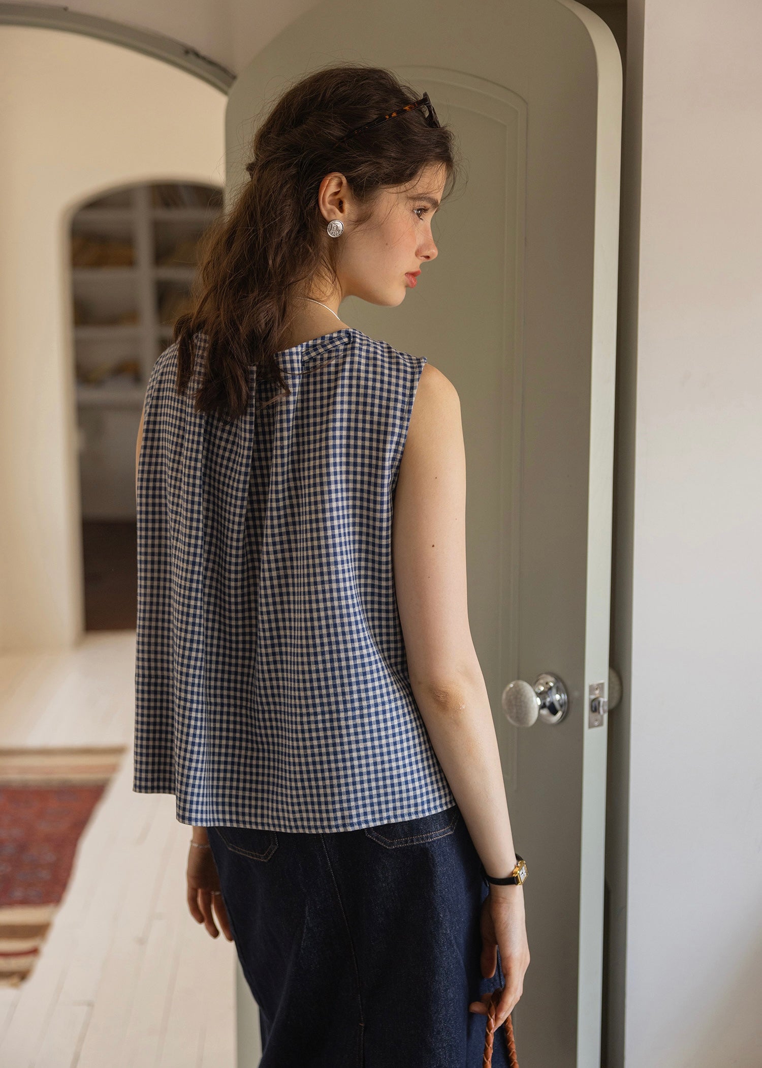 Blue Gingham Ribbon Tie Sleeveless A-Line Top