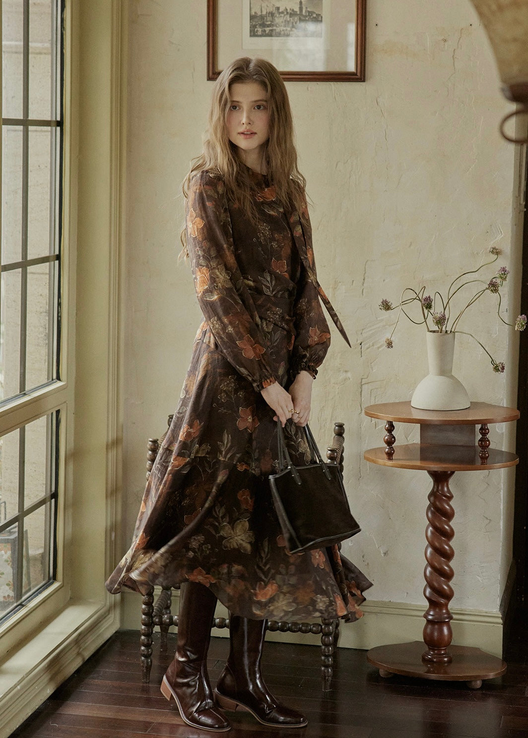 Victorian Oil Painting Floral Chiffon Maxi Dress