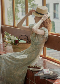 Verde Bloom Long Dress | Vintage Mint Floral Ruched Dress