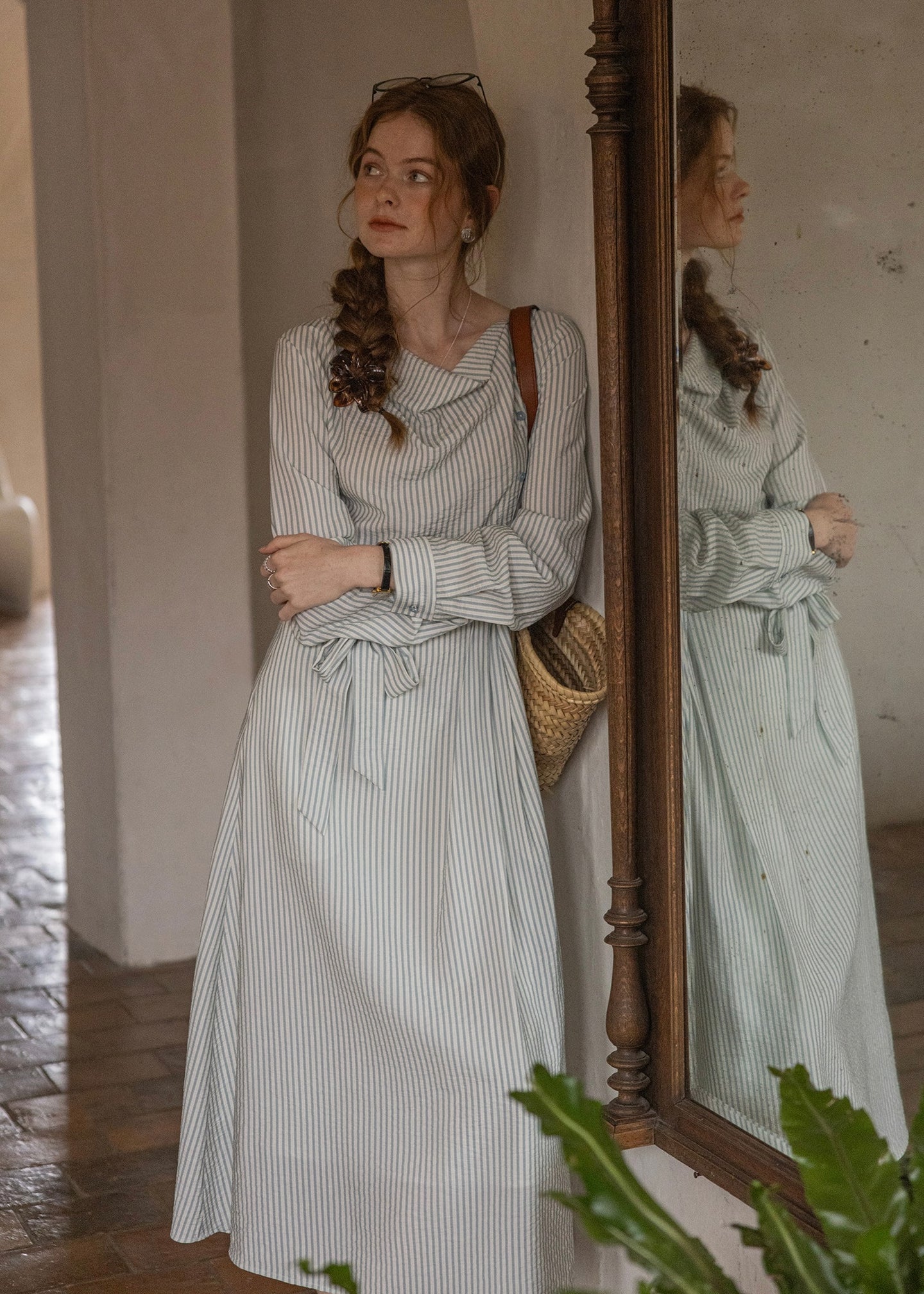 Spring Letter Vintage Long Sleeve Striped Dress(2COLOR)