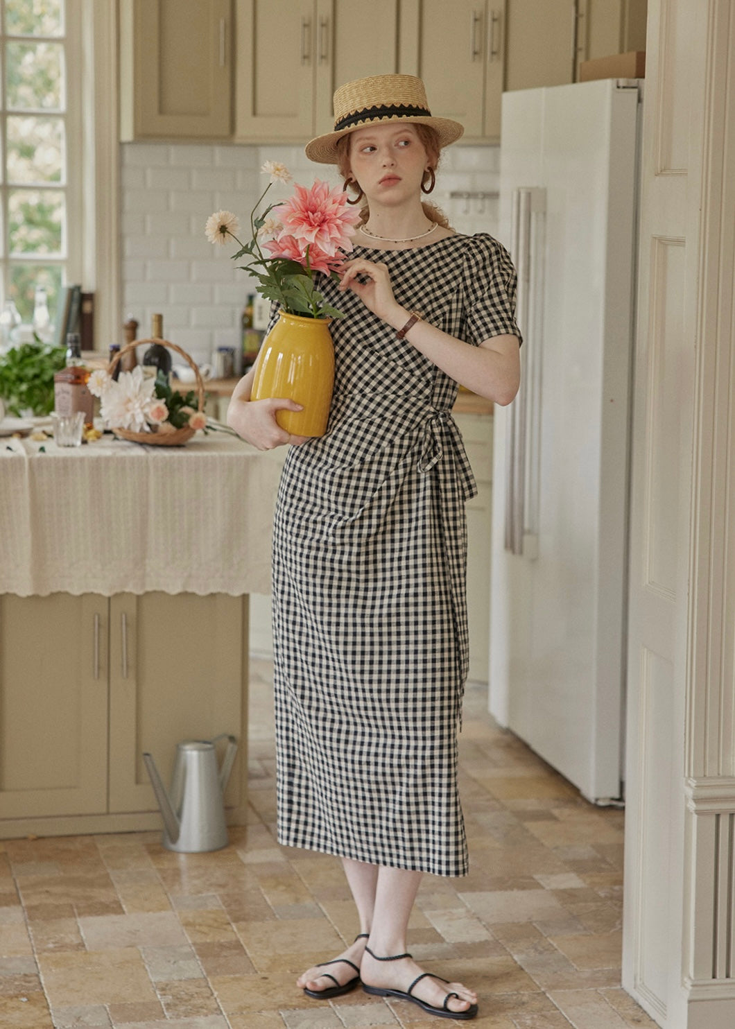 Black Gingham Wrap Dress Puff Sleeve Vintage Dress