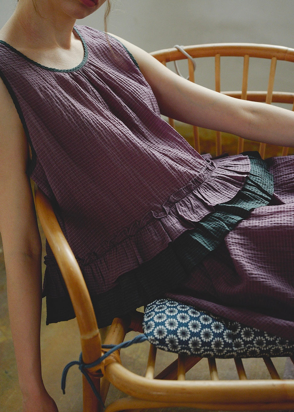 Plum Check Frill Linen Loungewear Sleeveless Top Shorts Pajama Set
