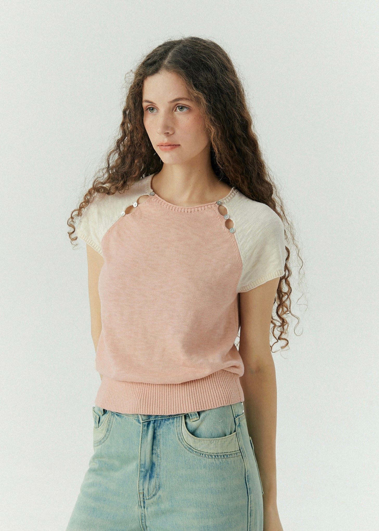 Blush Calm Shell Button Color Block Knit Top