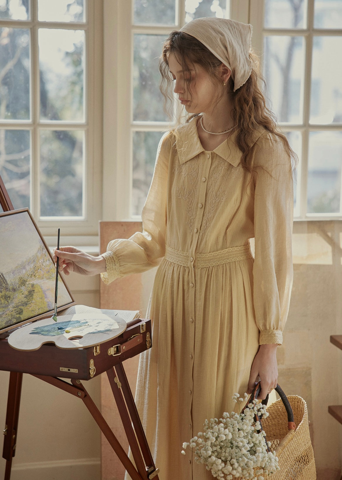 1920s Vintage Lace Embroidered Cream Shirt Long Dress