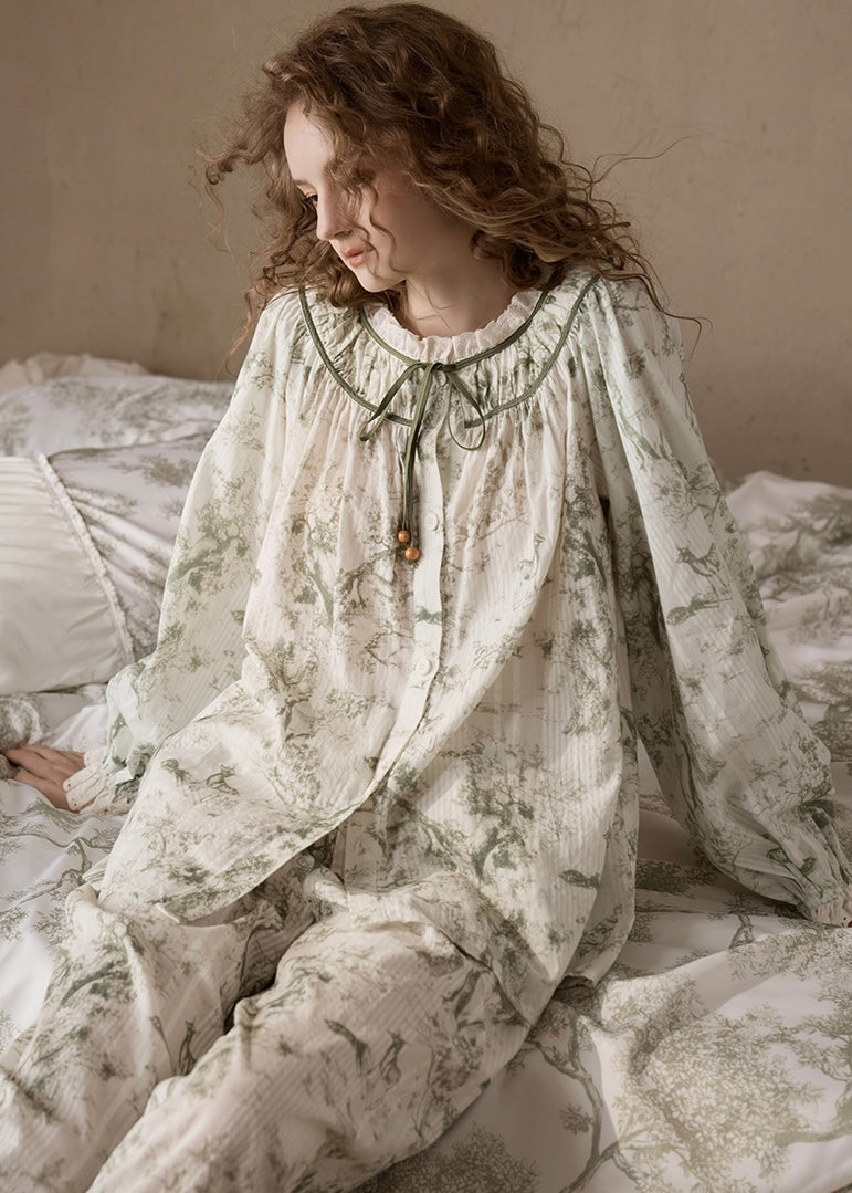 Vintage Floral Cotton Long Sleeve Women's Pajama Set(2COLOR)