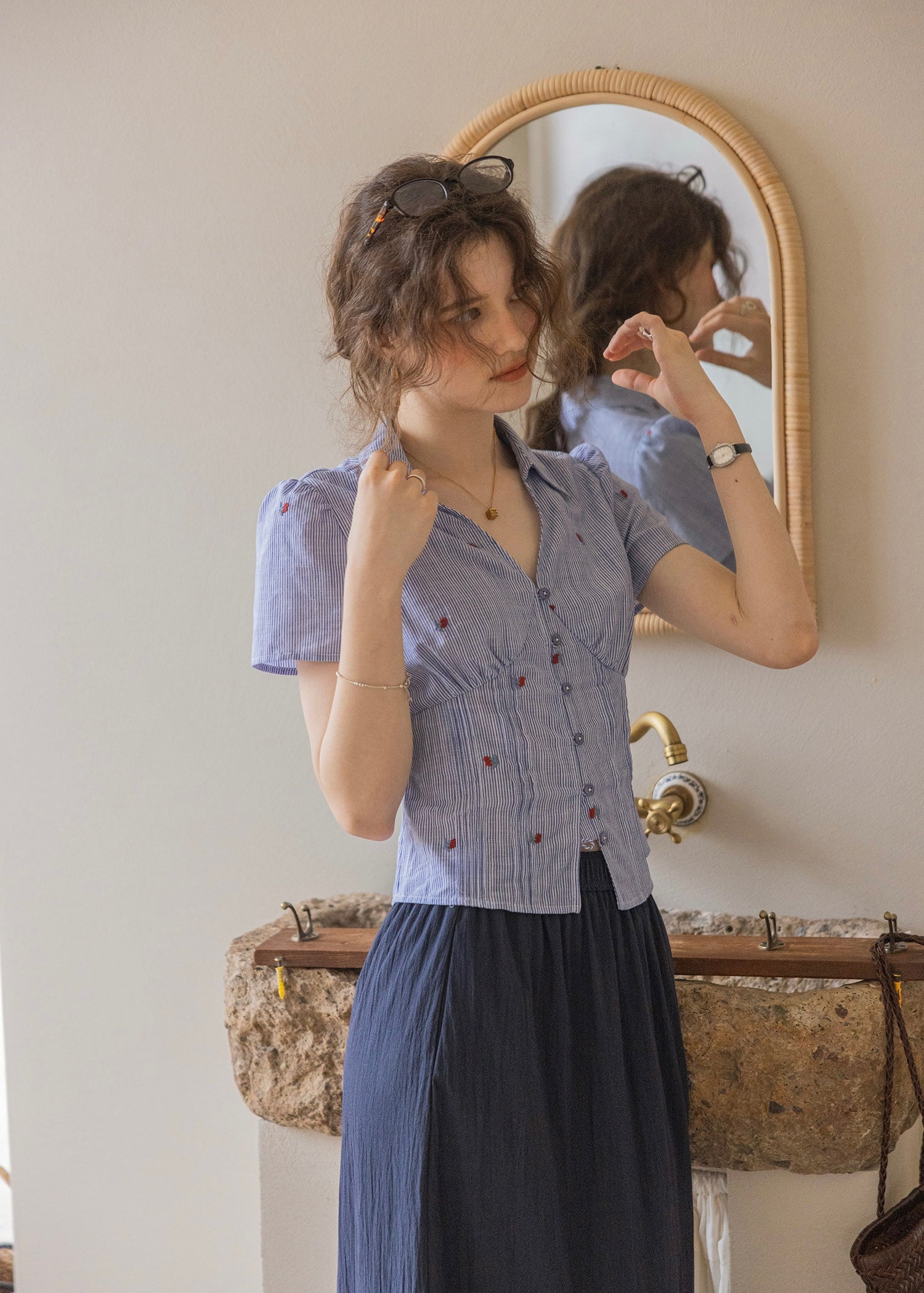 Cherry Stripe Embroidered Vintage Blouse